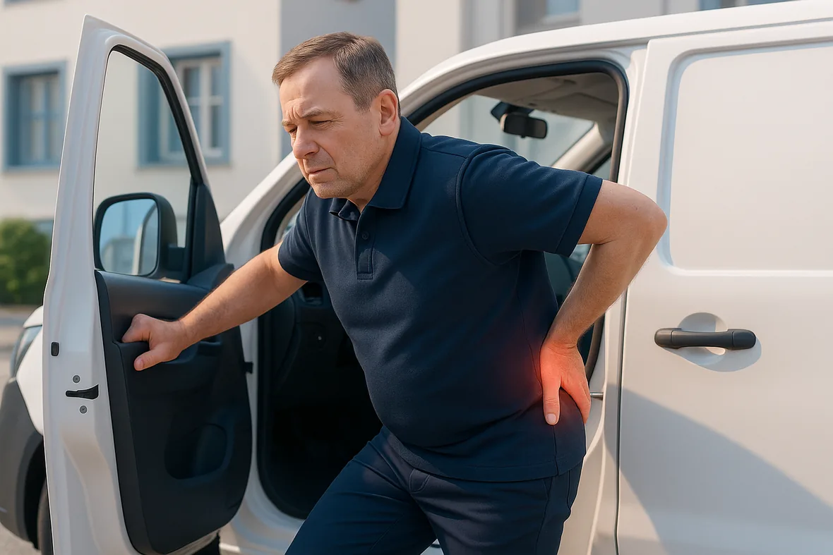 Bolest beder po dlouhé jízdě – řidič dodávky si drží záda